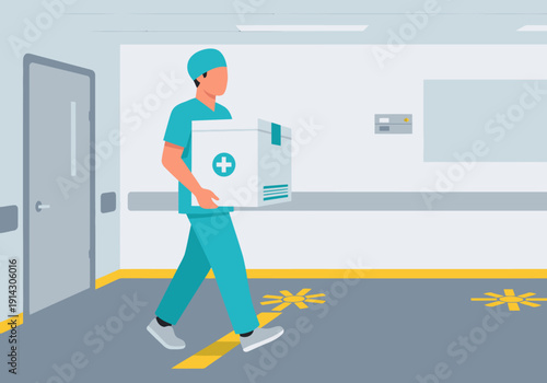 A hospital courier delivers a vaccine box. Clean, modern hospital setting. Focus on medical delivery and safety. Professional, bright, and clear.