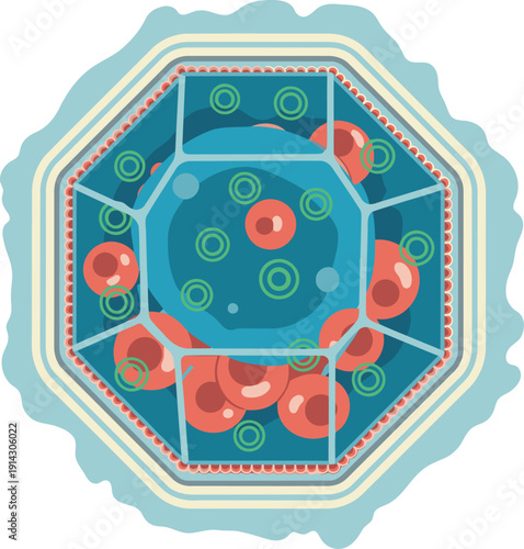 Illustrates cell encapsulation delivering drugs. A vibrant, detailed graphic showcasing targeted drug delivery within a cell structure. Perfect for science, medicine, and biotechnology visuals.