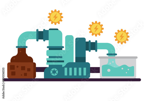 Illustrative graphic depicts resin production with sustainable tech. A stylized process flows from raw materials to a finished product, showcasing innovation and eco-friendly practices.