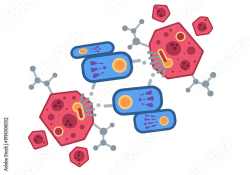 Illustration depicts CAR T cell therapy, showcasing immune cells engaging with cancer cells. Vibrant colors highlight cell structures. Modern, scientific design.