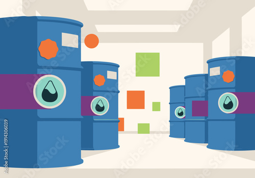 Industrial barrels showcase 'Plum Noir' recycled feedstock pure data. A modern, clean setting with colorful geometric accents. Ideal for tech, sustainability, or data visualization concepts.