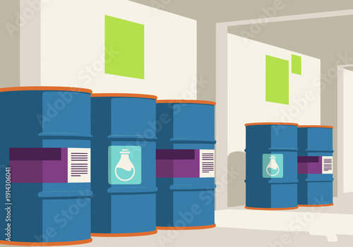 Industrial barrels with labels showcase recycled feedstock data. A modern, graphic style with a dark, textured background. Suitable for business and technology themes.
