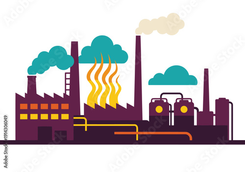 Industrial plastic gasification plant illustration. A detailed scale depicts smokestacks and machinery, conveying a complex manufacturing process. Modern, graphic style.