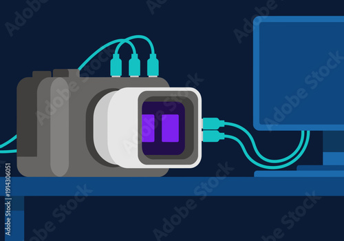 A lab spectral camera connects to a computer monitor, showcasing advanced technology. Clean lines and a modern aesthetic highlight the scientific equipment. Ideal for tech and innovation visuals.