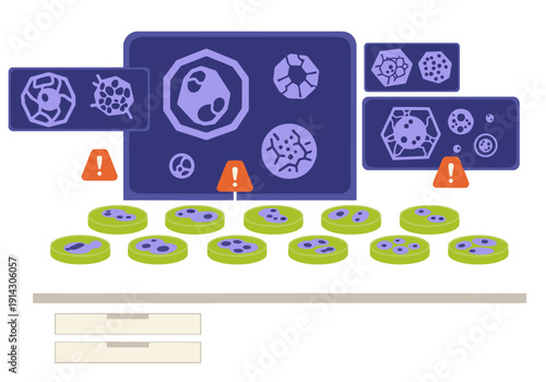 Laboratory setting showcasing plastic research plates with varying results. Warning signs indicate issues. Focus on lab sustainability and plastic research. Clean, modern aesthetic.