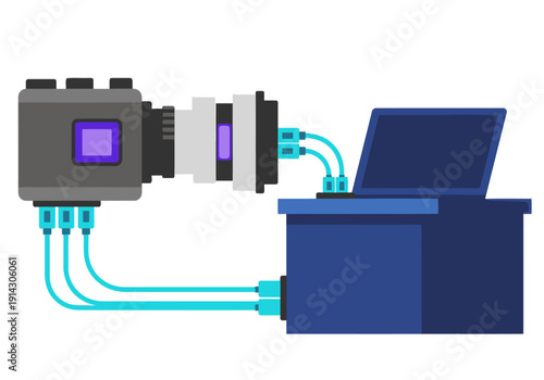 Lab spectral camera connected to a laptop, capturing spectral data. Modern scientific equipment setup for analysis. Clear, professional image.