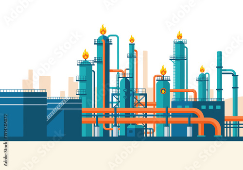 Modern illustration of a plastic to fuel infrastructure complex. Industrial design, vibrant colors, and detailed piping create a visually striking and informative graphic.