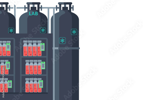 Modern cryo-cell therapy lab showcases vials in a secure, temperature-controlled storage unit. Clean, professional design highlights cell preservation technology.