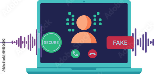 A stylized laptop graphic highlights a fake video call, featuring 'Secure' and 'Fake' labels.  Illustrates live video call detection. Modern, digital security concept.