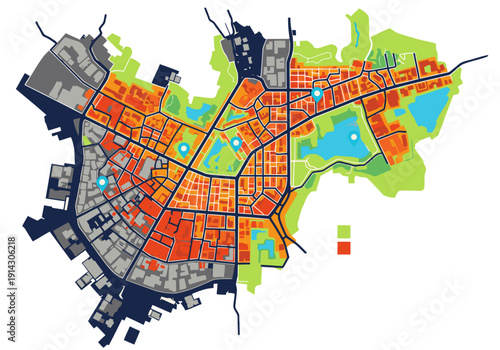 A stylized urban heat map illustration showcases thermal data, spectral park, and data park zones within a city. Vibrant color gradients highlight temperature variations. Modern, graphic design.