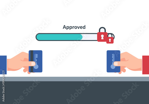 Two hands exchange credit cards, initiating a Mint Ledger transaction with a secure crypto transfer. Illustrates multi-sig crypto approval.