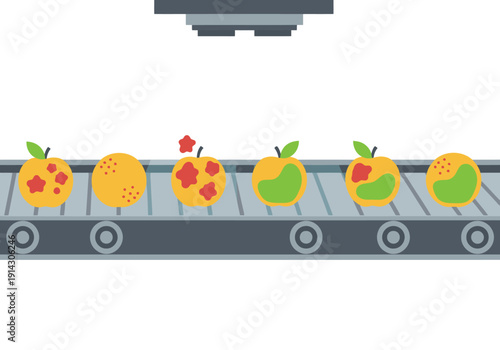 A vibrant food quality spectral scan inspects fresh apples on a conveyor belt.  Detailed data analysis illuminates the fruit's surface. Modern industrial quality control.