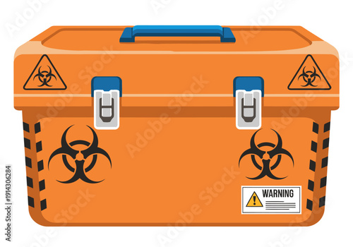 A vibrant orange biohazard lab sample box with warning labels. Clear, professional, and visually striking. Ideal for science, safety, and hazard imagery.
