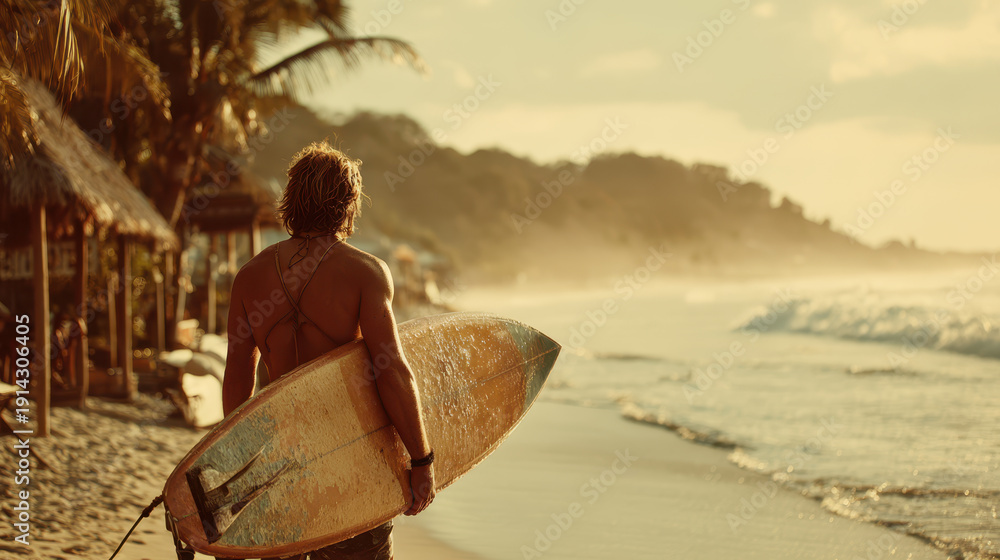 Fototapeta premium Retro summer scene with surfer holding worn surfboard walking along sandy beach under warm sunlight and palm trees