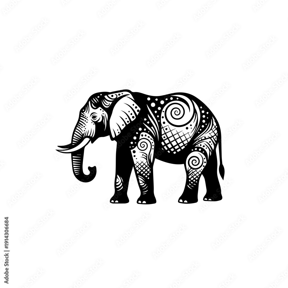 Fototapeta premium Stylized Elephant Illustration with Intricate Tribal Patterns