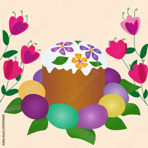 Festive Easter still life with traditional glazed Easter cake decorated with purple and orange flowers. Easter cake surrounded by colored eggs. Bright pink flowers on a warm cream background.