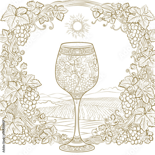 glass and decorative ornament from grapes on the white background
