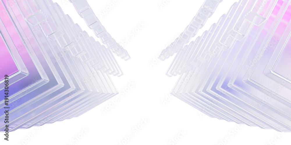 Fototapeta premium Glass architecture 3d background. Futuristic tunnel with transparent geometric lines, abstract corridor perspective with pastel pink blue arrows, white hall with triangular shapes