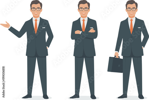 Cartoon illustration of a professional businessman in a navy suit with glasses in three poses including presenting, arms crossed, and holding briefcase.
