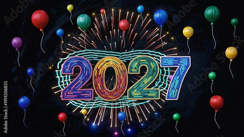 Colorful Neon 2027 New Year Fireworks Celebration with Bright Balloons and Energetic Party Night Scene