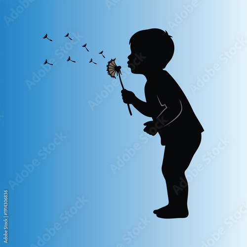 Silhouette of a Young Child Blowing Dandelion Seeds on a Blue Gradient Background.