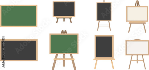 Set of various chalkboard, green board, and white board icons on wooden easels for school education and office presentation vector illustration.