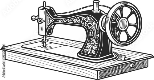 A detailed, black and white line drawing of an antique sewing machine is centered in the image. The machine is presented in a three-quarter view, showcasing its intricate mechanical parts. The main bo