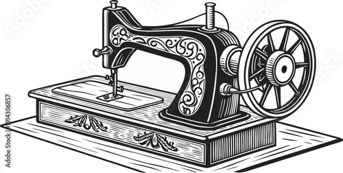A detailed, black and white line drawing of an antique sewing machine is centered in the image. The machine is presented in a three-quarter view, showcasing its intricate mechanical parts. The main bo