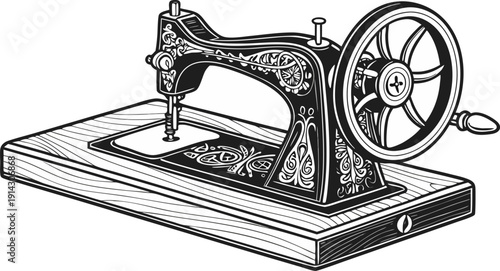 A detailed, black and white line drawing of an antique sewing machine is centered in the image. The machine is presented in a three-quarter view, showcasing its intricate mechanical parts. The main bo