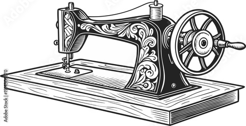 A detailed, black and white line drawing of an antique sewing machine is centered in the image. The machine is presented in a three-quarter view, showcasing its intricate mechanical parts. The main bo