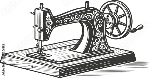 A detailed, black and white line drawing of an antique sewing machine is centered in the image. The machine is presented in a three-quarter view, showcasing its intricate mechanical parts. The main bo