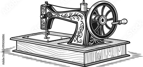 A detailed, black and white line drawing of an antique sewing machine is centered in the image. The machine is presented in a three-quarter view, showcasing its intricate mechanical parts. The main bo