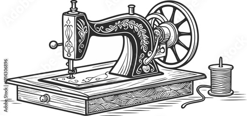A detailed, black and white line drawing of an antique sewing machine is centered in the image. The machine is presented in a three-quarter view, showcasing its intricate mechanical parts. The main bo
