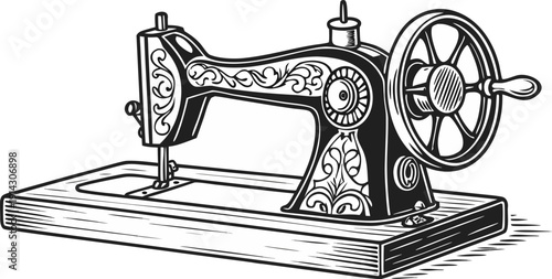 A detailed, black and white line drawing of an antique sewing machine is centered in the image. The machine is presented in a three-quarter view, showcasing its intricate mechanical parts. The main bo
