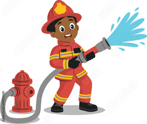 Cartoon illustration of a young African American firefighter in a red uniform spraying water from a hose connected to a hydrant.