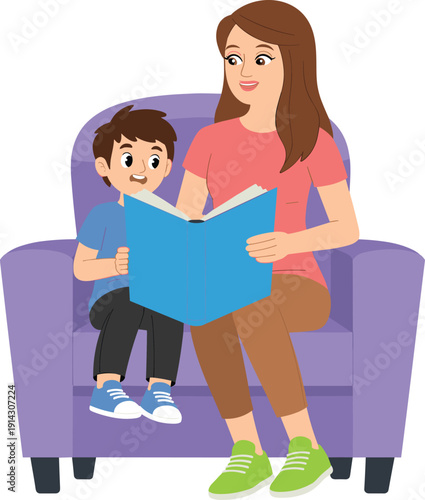 Cartoon flat vector illustration of a happy mother and young son sitting on a purple sofa reading a large blue book together.