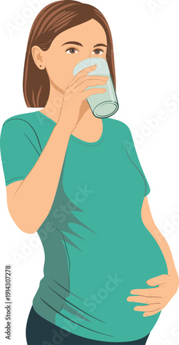Flat vector illustration of a pregnant woman in a teal t-shirt drinking a glass of water and holding her belly isolated.