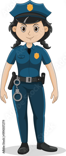 Cartoon vector illustration of a friendly female police officer character in blue uniform with handcuffs and badge isolated on white background.