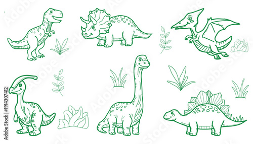 Cute Dinosaur Doodle Set – Hand Drawn Jurassic Cartoon Line Art with Plants