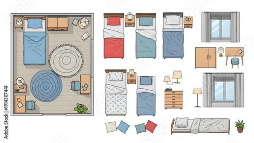 Twin Single Bed Bedroom Layouts Plan View Furniture Vector Set for Interior Design