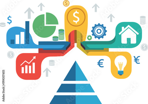 Financial system infographic with dollar symbol, global economy chart, investment growth concept, flat vector illustration for business and economics design