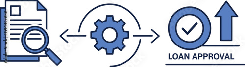 Loan approval process infographic with document review, processing gear, and checkmark icon, flat vector illustration for finance and banking design