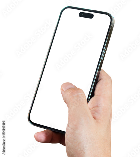 Vertical hand holding mobile phone with transparent screen and isolated background PNG for app presentation concept