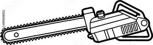 A detailed, monochrome line drawing of tools, set against a white background. A chainsaw is the primary focus, positioned on the left side, depicted in a three-quarter profile from the side. The chain