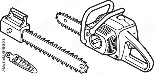 A detailed, monochrome line drawing of tools, set against a white background. A chainsaw is the primary focus, positioned on the left side, depicted in a three-quarter profile from the side. The chain