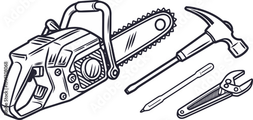 A detailed, monochrome line drawing of tools, set against a white background. A chainsaw is the primary focus, positioned on the left side, depicted in a three-quarter profile from the side. The chain
