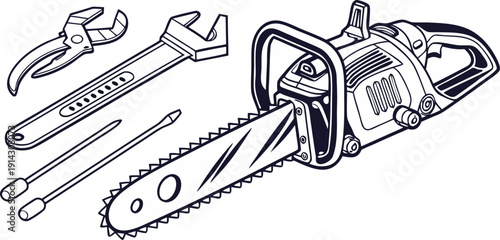 A detailed, monochrome line drawing of tools, set against a white background. A chainsaw is the primary focus, positioned on the left side, depicted in a three-quarter profile from the side. The chain