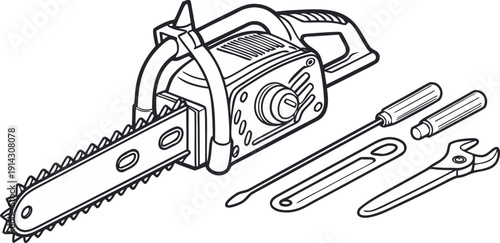A detailed, monochrome line drawing of tools, set against a white background. A chainsaw is the primary focus, positioned on the left side, depicted in a three-quarter profile from the side. The chain