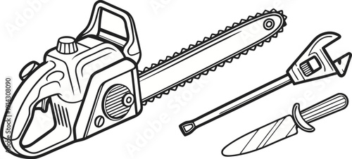 A detailed, monochrome line drawing of tools, set against a white background. A chainsaw is the primary focus, positioned on the left side, depicted in a three-quarter profile from the side. The chain
