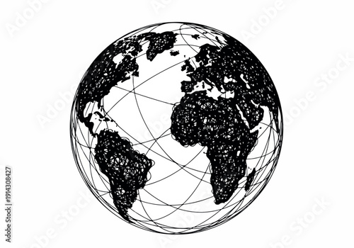 A visually striking abstract representation of planet Earth, rendered with intricate line art, conveying a sense of global connection and interconnectedness across continents
